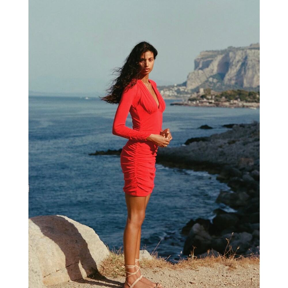 Anthropologie Womens Dress NEW Red V-Neck Ruched  XL  Mesh Midi Fitted Pullover